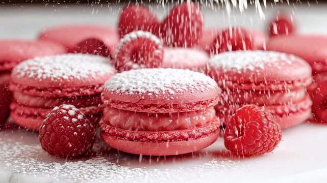 Vibrant pink raspberry macarons dusted with powdered sugar close up shot