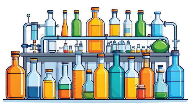 Laboratory bottles and chemical containers.