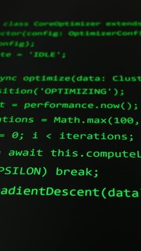 Green programming code lines scroll continuously on a black computer screen. The syntax features data processing and tensor initialization commands. Automated script writing process.
