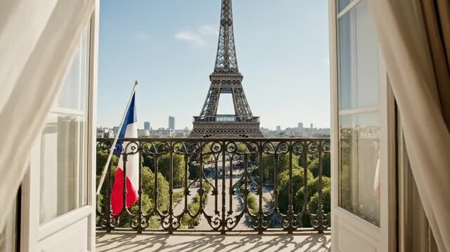 View of Eiffel Tower from luxury Paris apartment window