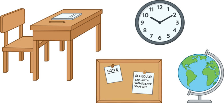 School Classroom Element Vector Set Featuring Student Desk Chair Wall Clock Notice Board and Earth Globe for Educational Designs and Layouts