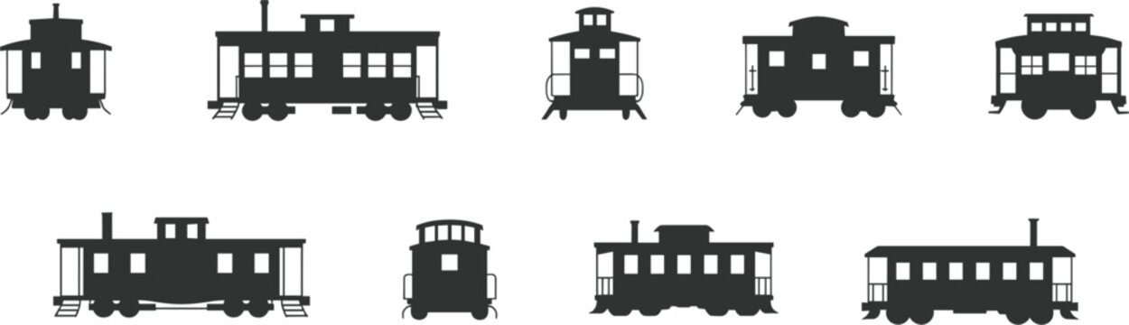 Train caboose silhouette vector set, vintage railroad freight car icons isolated on white background