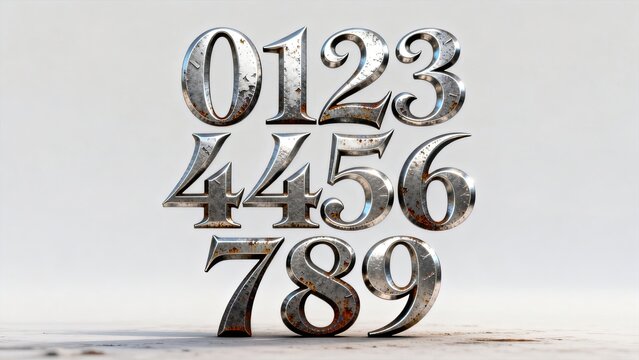 Vintage rusted metal 3D arabic numerals zero to nine on plain white background, aged silver metallic industrial typography