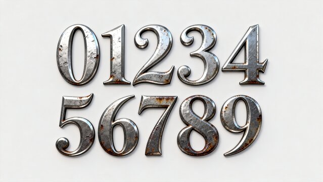 Vintage rusted metal 3D arabic numerals zero to nine on plain white background, aged silver metallic industrial typography