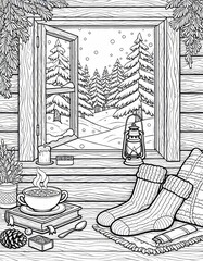 Fototapeta premium Cozy Winter Scene Inside a Rustic Cabin with Snowy Forest View Through Open Window