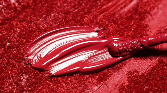 Red lipstick applicator creating a smooth swatch on a textured red surface, close up shot