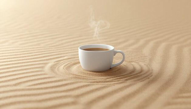 Steaming cup of coffee in a zen sand garden