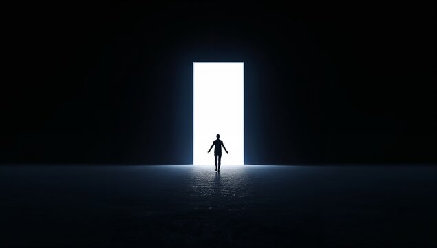 Person Standing in Front of Bright Open Doorway with Light in Dark Space