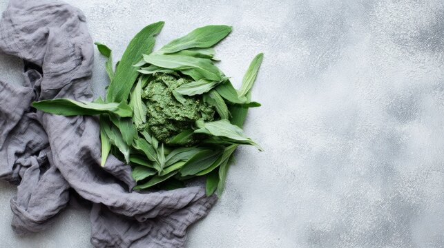 comfrey. Fresh green herbal paste on a linen cloth, a natural remedy prepared. lifestyle magazines, social media lookbooks, designed for influencer and brand collaborations.
