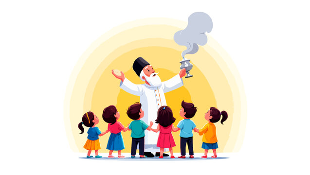 Jewish priest with children holding incense burner illustration