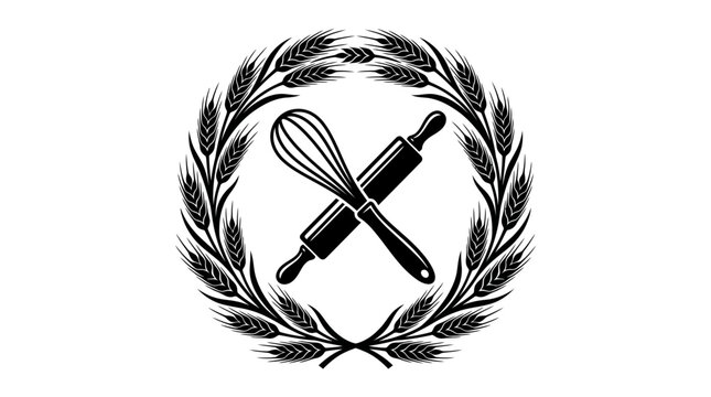 Bakery emblem with crossed rolling pin and balloon whisk inside a circular wheat wreath, vintage bakery logo and organic bread baking concept, black and white vector