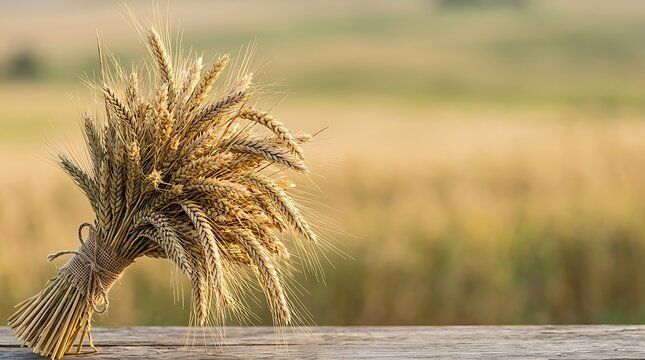 Golden sheaf of wheat on wooden table with harvest field background