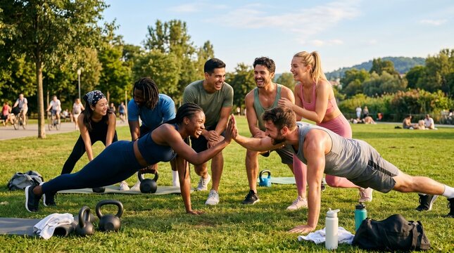 Outdoor Group Fitness Workout With Friends High-Fiving During Partner Plank Bootcamp Session