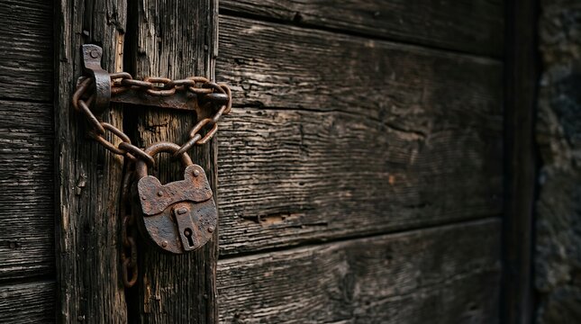 Old rusty padlock and chain on a weathered wooden door