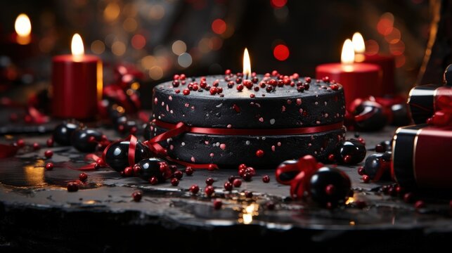 A black cake decorated with red berries and a red ribbon, sitting on a black surface with red candles in the background.