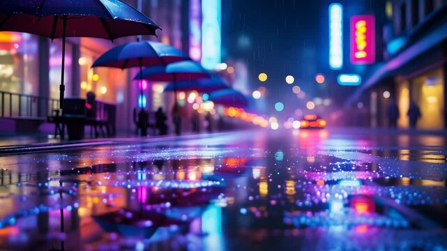 Vibrant city street at night with colorful neon lights reflecting on wet pavement and people holding umbrellas