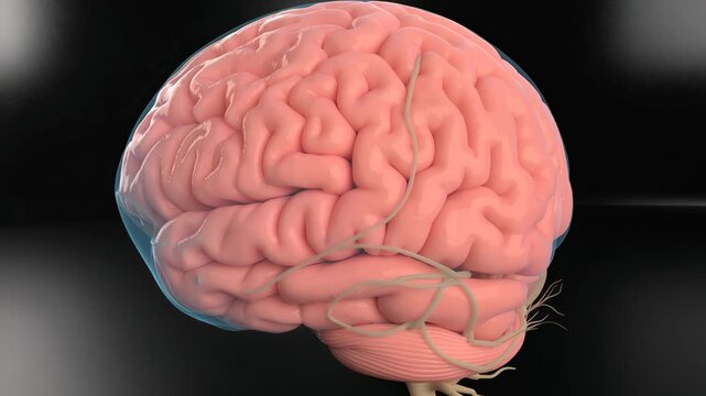 Detailed close up of human brain anatomy showing cerebral cortex and cerebellum in medical illustration