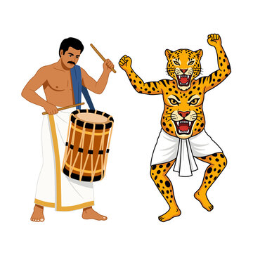 Pulikali tiger dance and chenda drummer, traditional kerala onam festival folk art, isolated on transparent background 