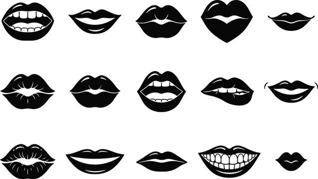 Collection of black female lips silhouettes with various expressions including smiling biting and open mouth isolated on black background for beauty and fashion design
