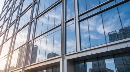 Obraz premium Sleek architectural facade of a modern urban skyscraper, reflecting a vibrant blue sky with dynamic clouds and embodying innovative city development