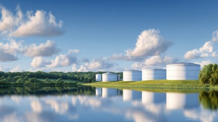 Fototapeta premium A serene landscape featuring large storage tanks reflected in calm water beneath a clear sky