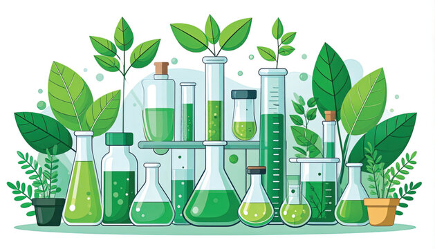 Laboratory Equipment with Green Liquids.