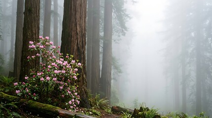 Naklejka premium Pink rhododendrons blooming in a misty redwood forest