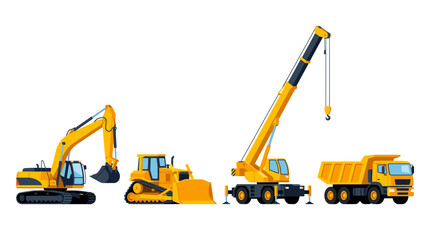 Four heavy construction machinery vehicles in a lineup display. © shahzad
