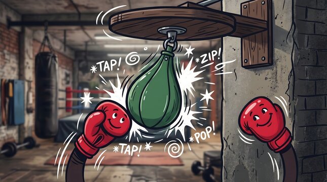 Cartoon illustration of red boxing gloves with smiling faces hitting a green speed bag in gym