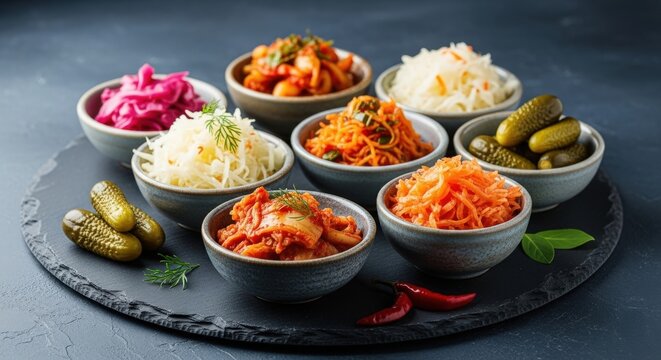 Variety of Fermented Foods on Slate Board Bowls Pickled Vegetables Probiotic Rich Meal