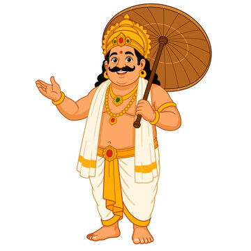 Happy king mahabali holding a traditional olakkuda for onam festival isolated on transparent background 
