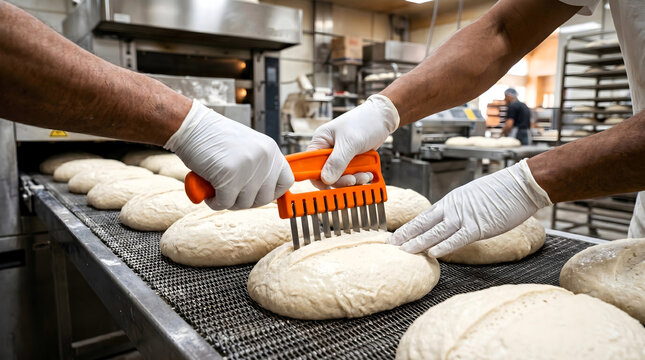 Baker using a metal dough scoring tool to cut patterns into raw bread loaves on a factory conveyor