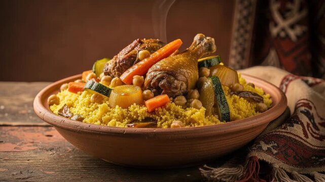 Traditional Moroccan couscous with chicken vegetables and chickpeas in rustic setting