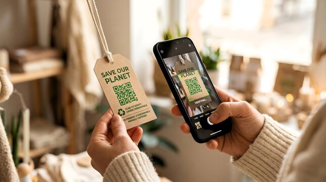 Person using smartphone to scan a green credentials QR code on a sustainable product label tag