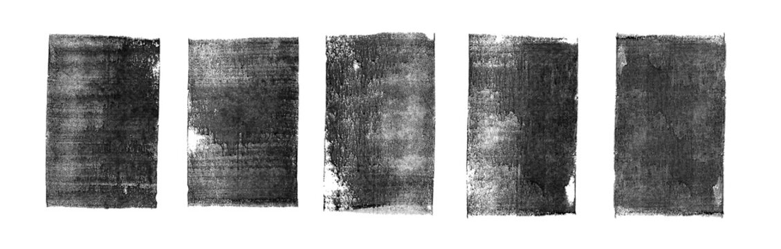 Set of vertical ink stamp texture with dripping ink in brushing creating dirty grunge brush. Letter press vintage rough rectangle shape with abstract textures. Linocut irregular textured printout.