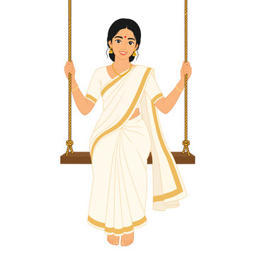 South indian woman in traditional kerala kasavu saree sitting on a wooden swing, onam festival concept 
