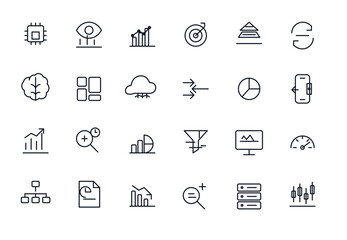 Fototapeta premium Data Analysis Editable Line Icon Set for Analytics Dashboard and Business Intelligence UI A clean and professional data analysis line icon set featuring 24 editable vector icons designed for analytics