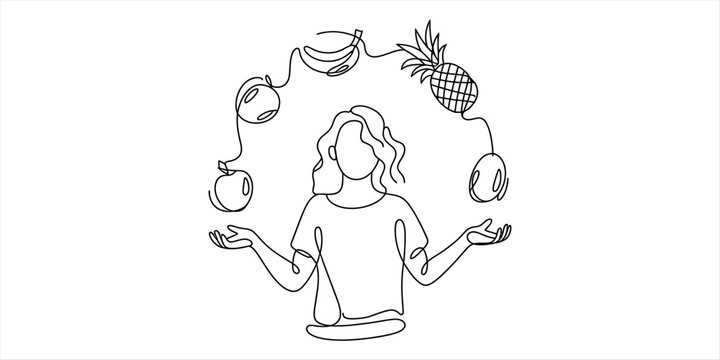 Continuous one line drawing of a young woman juggling various fresh tropical fruits like pineapple banana apple and mango in a fun healthy lifestyle style
