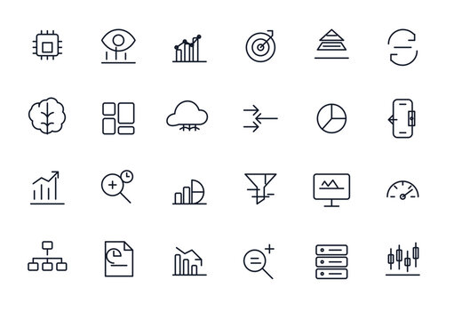 Data Analysis Editable Line Icon Set for Analytics Dashboard and Business Intelligence UI A clean and professional data analysis line icon set featuring 24 editable vector icons designed for analytics