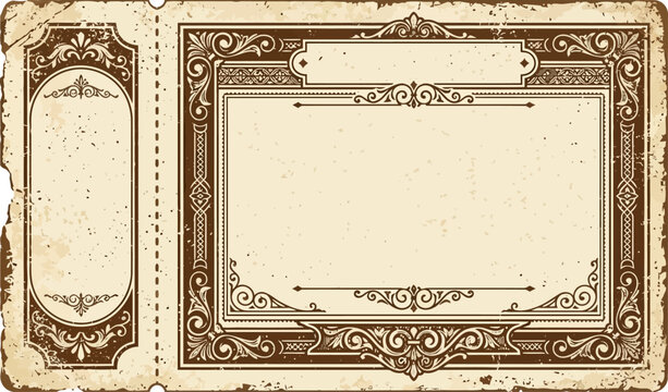 Vintage ornate ticket with decorative border and copy space for text on aged paper background