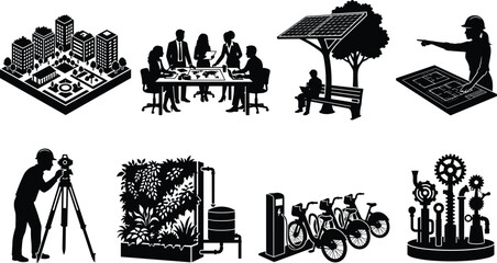 Obraz premium Sustainable smart city urban planning silhouette vector set featuring architecture engineering green energy infrastructure and eco technology development
