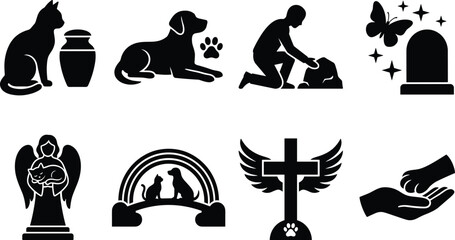 Obraz premium Pet memorial silhouette vector icon set featuring dog and cat funeral urn tombstone rainbow bridge and mourning symbols