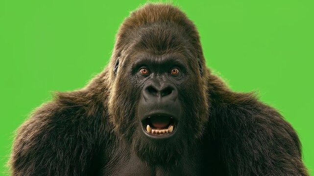 Confused Gorilla Transitioning to Horrified Monday Realization, Wide Eyes, Dark Brows, Chroma Key Green Screen.