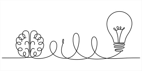 Continuous single line drawing of a human brain connected to a light bulb icon representing creative thinking and new innovative business ideas © Tona Drawing Gallery