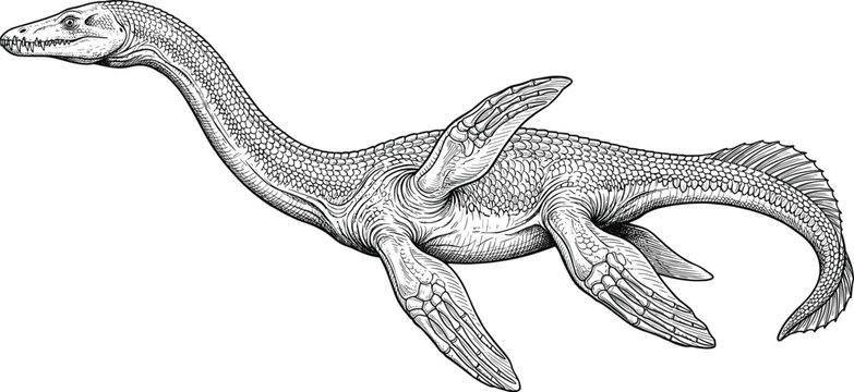 Detailed black silhouette of prehistoric plesiosaur marine reptile swimming underwater isolated on white background for educational biology science and ancient dinosaur history projects