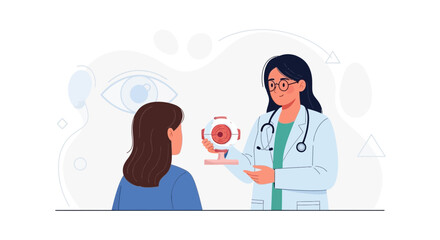 Fototapeta premium Ophthalmologist Explains Eye Health to Patient with Eyeball Model