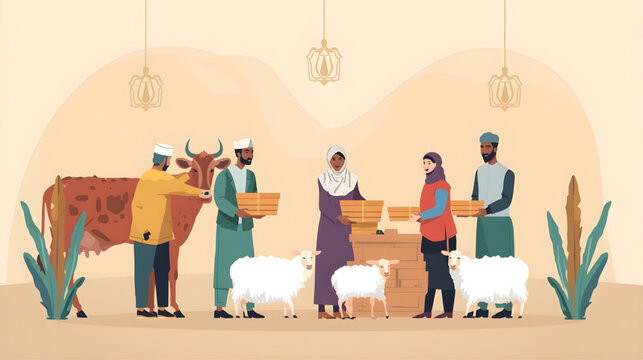 People exchange goods with farmer and animals in rural setting