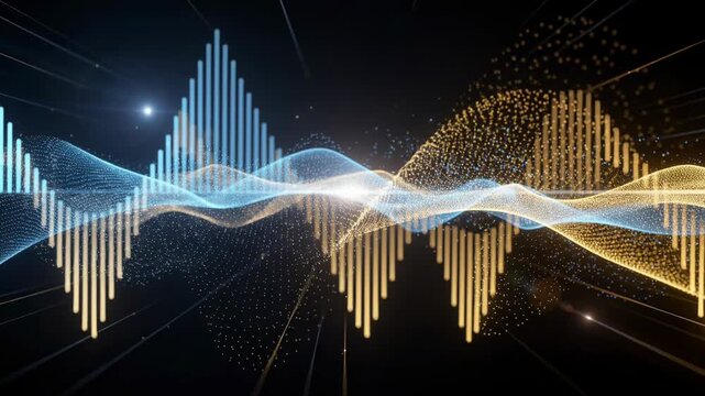 Abstract sound wave visualization with glowing particles and dynamic light effects for music and technology concepts