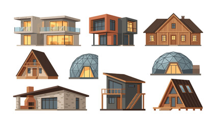 Modern house transparent house vector set, contemporary villa cottage and cabin collection, geodesic dome home property icons. © Creative Studio 