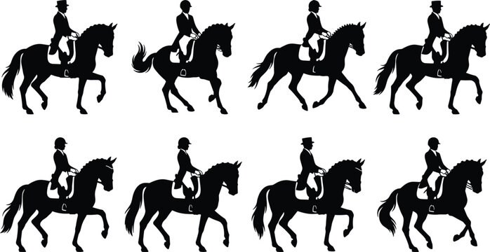 Dressage horse rider silhouette vector set featuring equestrian riders and stallions performing classical dressage training movements